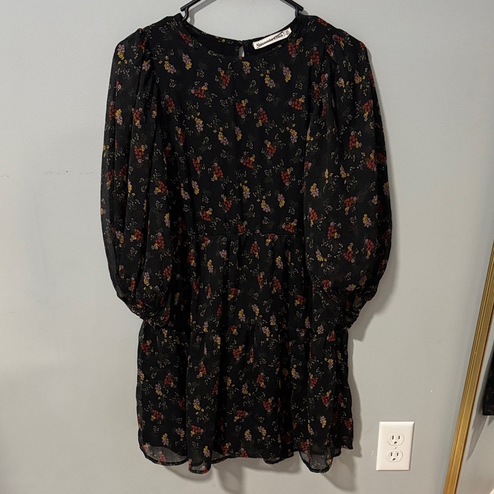 Abercrombie and Fitch Whimsy Tiered Black Floral Dress with Sheer Puff Sleeves